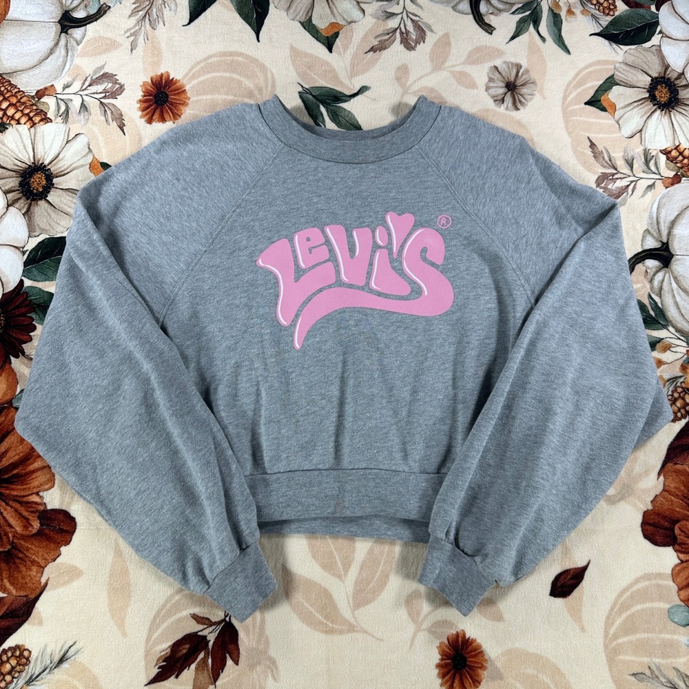 Levis Womens Cropped Pink Retro Logo Crewneck Sweatshirt Heather Grey Size XS